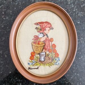 Vintage Embroidered Hummel Girl Crewel Art in Oval Wood Frame